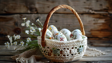 Fototapeta na wymiar Captivating simplicity captured in this Easter scene, showcasing a handmade crochet basket filled with white chicken eggs intricately painted.