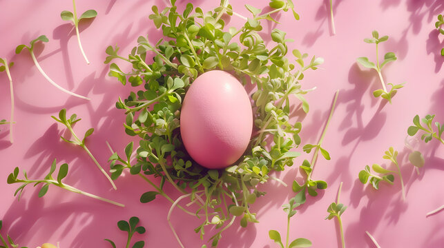 Captivating image of a pastel pink Easter egg surrounded by fresh cress, with the shadow of bunny ears adding a touch of magic