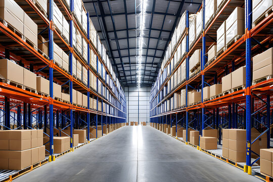 Large distribution warehouse with boxes on high shelves