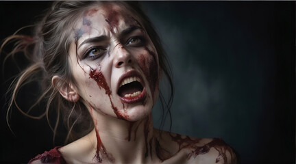 Scary zombie with bloody face closeup. evil, demon, skull and monster