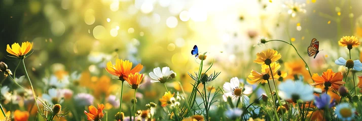 Zelfklevend Fotobehang Morning meadow landscape with flowers and butterflies © FATHOM