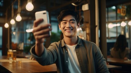 Young asian man using smartphone taking selfie photo friends and sharing lifestyle on social media - obrazy, fototapety, plakaty