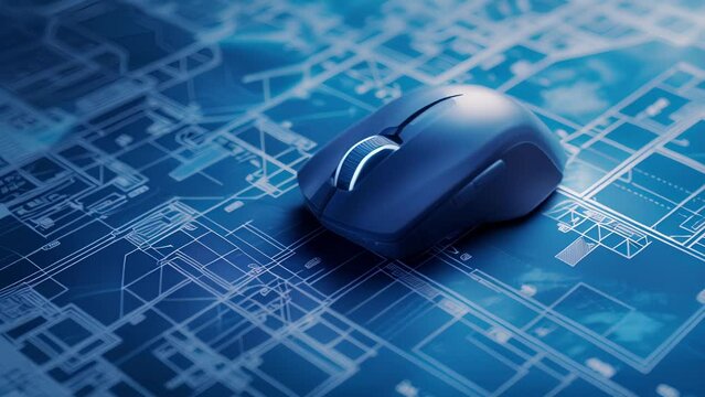 Magnified image of a computer mouse hovering over a blueprint representing the seamless integration between the physical and digital world in digital twin technology.