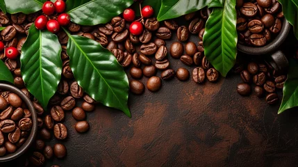 Poster Coffee bean plant plantation with leaves and leaves. Banner background design  © PrettyVectors