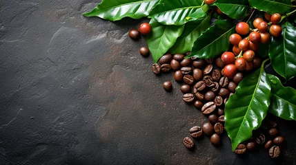 Zelfklevend Fotobehang Coffee bean plant plantation with leaves and leaves. Banner background design  © PrettyVectors