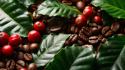 Keuken spatwand met foto Coffee bean plant plantation with leaves and leaves. Banner background design  © PrettyVectors