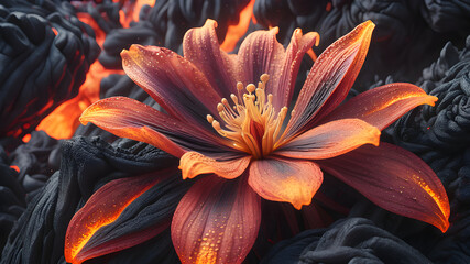 A lush flower elegantly growing out of lava