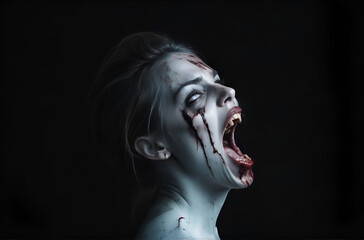 Scary zombie with bloody face closeup. evil, demon, skull and monster - obrazy, fototapety, plakaty