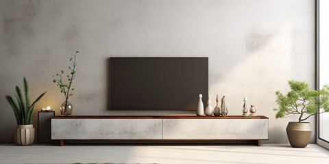 TV cabinet mockup in living room with concrete wall. .