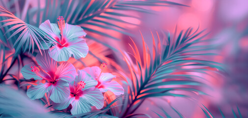 Creative fluorescent color layout made of tropical leaves. Flat lay neon colors. Nature concept. Collection of pastel palm leaves and hibiscus flowers background for beach travel by Vita