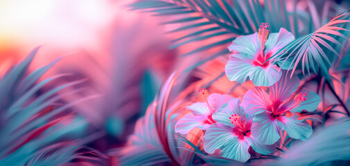Creative fluorescent color layout made of tropical leaves. Flat lay neon colors. Nature concept. Collection of pastel palm leaves and hibiscus flowers background for beach travel by Vita - obrazy, fototapety, plakaty