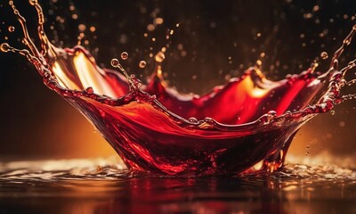 A bright and energetic splash of red liquid, a moment in motion, illuminated by warm golden light, creating a sense of dynamism.