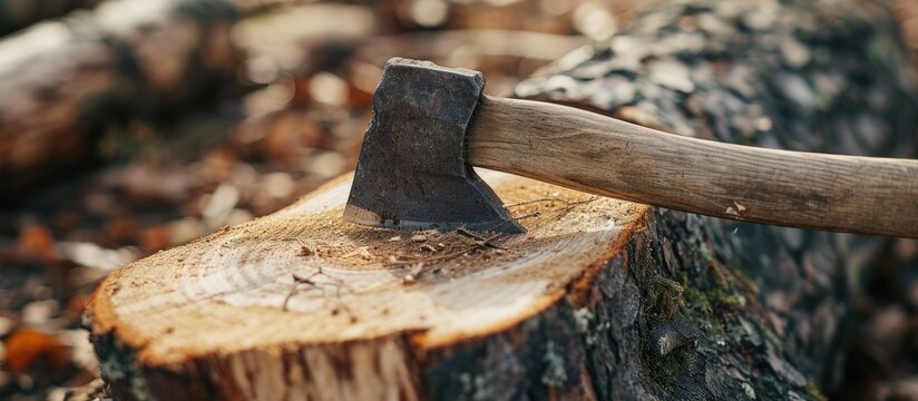 Close-up of a worn ax blade lodged in a cut tree trunk.