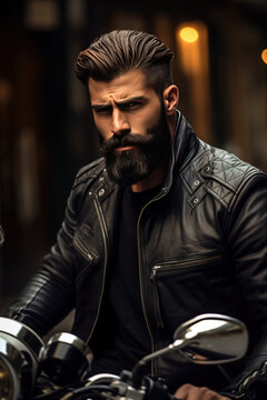Portrait of a man  Confident Attractive Young Caucasian Male Bikers with Beards and Brunette Hair Wearing