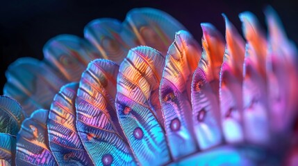 Close-up of butterfly wing scales, microscopic view, iridescent colors, detailed patterns