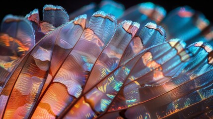 Close-up of butterfly wing scales, microscopic view, iridescent colors, detailed patterns