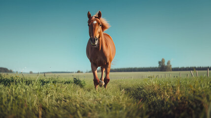 horse running in meadow in rural scence - 738459577