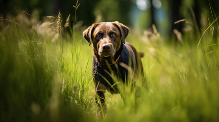 adorable labrador retriever dog walking in green meadow - 738459583