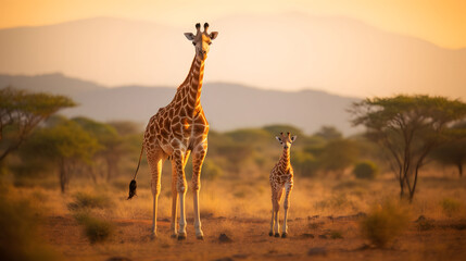 giraffe with family baby giraffe on dry meadow on sunset background - 738459588