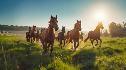 grounp of horse running on green meadow set in sunset background - 738459592