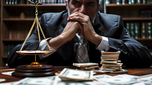 A photo of a government official being held accountable for corruption, with a sense of justice and fairness.