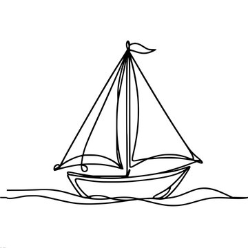 Single-line vector drawing, children's sailboat on the water
