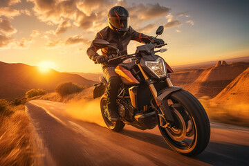motorcycle on the empty road, Portrait of Biker sitting on motorcycle wearing helmet