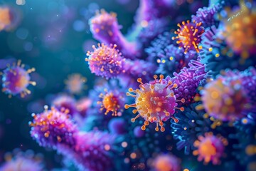Obraz na płótnie Canvas vibrant virus particles under a microscope, blending scientific accuracy