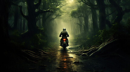 person in the forest, person riding a bike in the forest down a winding road