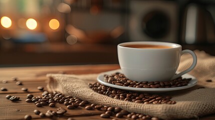 Cup of coffee tea chocolate on cozy room interior. Banner background design