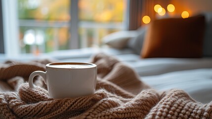 Fototapeta na wymiar Cup of coffee tea chocolate on cozy room interior. Banner background design