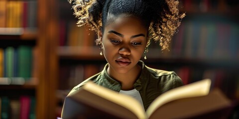 African American female student studying religion in a Chicago college library, Generative AI 