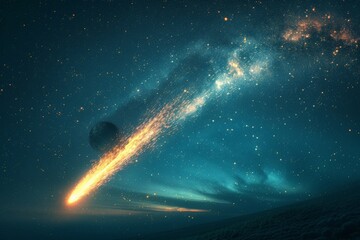 a comet passing by Earth, tail glowing brightly against the night sky, symbolizing cosmic events