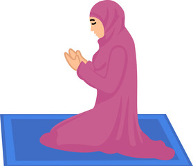 cartoon muslim woman sitting on the prayer rug while praying