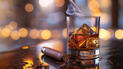 A classic pairing whiskey and a cigar on a table - obrazy, fototapety, plakaty