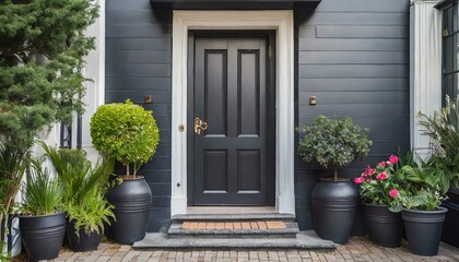 Fototapeta na wymiar Black front door, front door of a house adorned potted plants, Front door