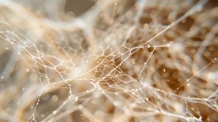 Close-up of spider silk threads, microscopic detail, showing strength and intricacy,