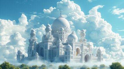 mosque building on mountain hill and clouds sky. Cartoon or anime watercolor illustration. digital painting style. Islamic concept Ramadan Kareem or Eid Mubarak greeting card banner cover background