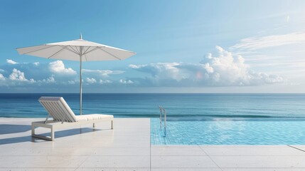 Fototapeta na wymiar Serene Poolside Oasis with Single White Lounge Chair and Sun Umbrella AI Generated.