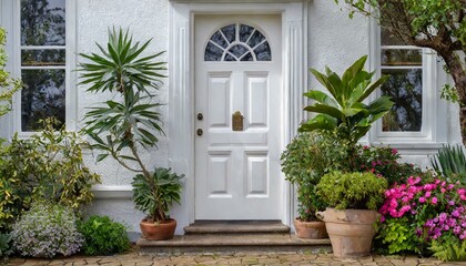 white front door, front door of a house adorned potted plant