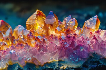 Close-up of the surface of a mineral crystal, showing molecular structure and shimmering colors