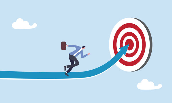 Ambitious businessman running on growth arrow path to target bullseye, progress to goal or reaching business target, motivation or challenge to achieve success, career growth or improvement concept