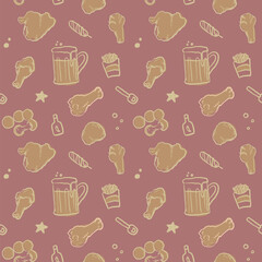 Hand drawn bear and fried chicken vintage style seamless pattern 