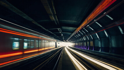Fototapeta na wymiar A motion shot of a train travelling through a tunnel at night, Design of abstract fast scaling speed motion background technology