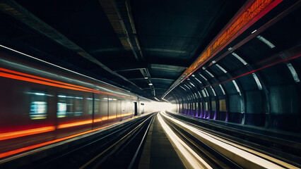 Obraz premium A motion shot of a train travelling through a tunnel at night, Design of abstract fast scaling speed motion background technology