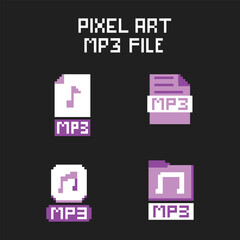 this is mp3 file icon in pixel art with simple color and black background ,this item good for presentations,stickers, icons, t shirt design,game asset,logo and project.