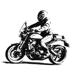 Sketch of One male motorcyclist riding black motorcycle