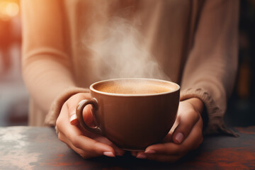 Woman enjoys a hot cup of coffee in a charming cafe, radiating morning smiles amidst the aroma of freshly brewed espresso, creating a cozy and delightful scene