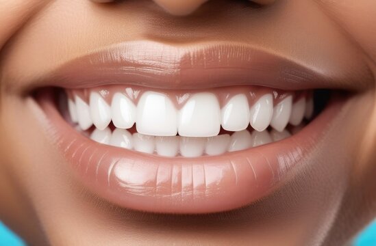 healthy white teeth, african american woman smiling. Close-up isolated on white background in beauty concept, beautiful smile of african american woman.