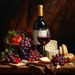 Vibrant red wine, a bottle, and a glass surrounded by luscious grapes, creating a captivating still life scene with elements of celebration and taste
